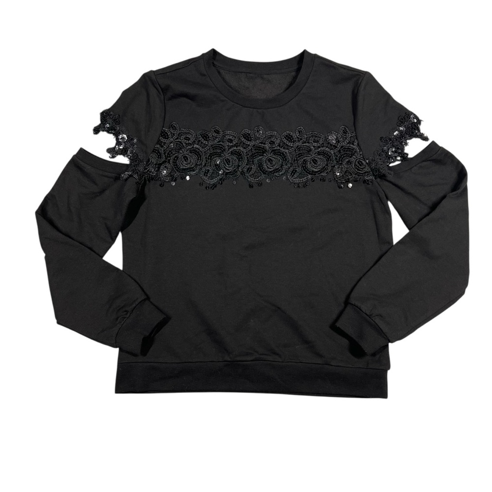 Guess Long Sleeve Exposed Upper Arm Sequin Black Sweater Size M